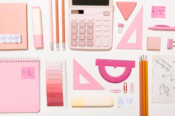 School Supplies Pink Colors White Background Preparation School High Quality — ストック写真