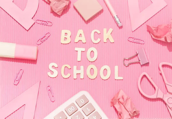 Lettering Back School Pink Background School Supplies High Quality Photo — Photo