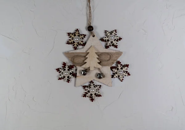 Wooden Christmas Decorations Gray Background Snowflakes — стоковое фото