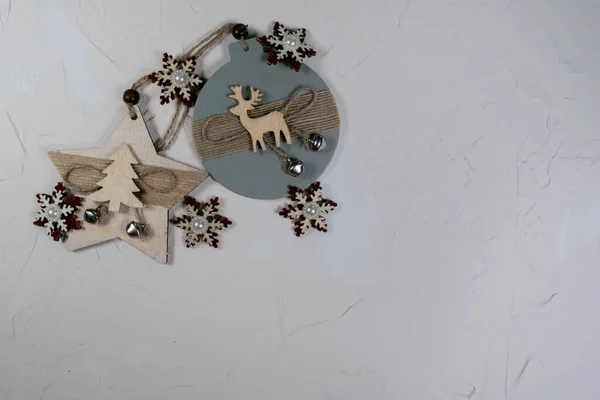 Wooden Christmas Decorations Gray Background Snowflakes — Stock Fotó