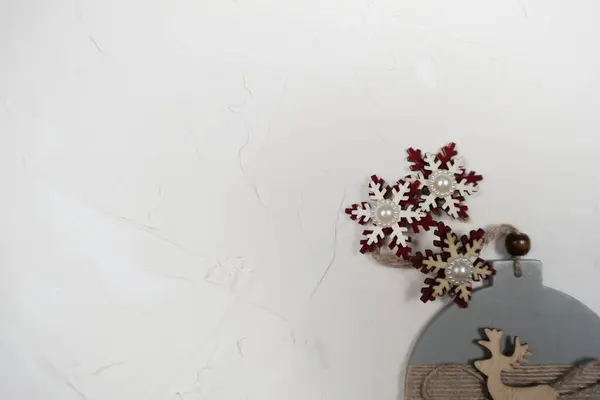 Wooden Snowflakes Gray Background Toys Christmas Decorations — 图库照片