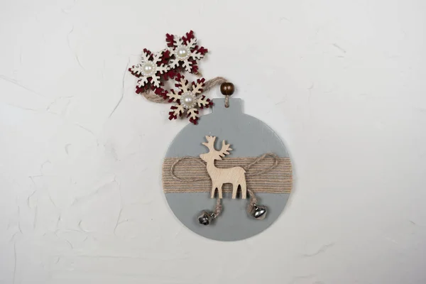 Wooden Christmas Decorations Gray Background Snowflakes — Zdjęcie stockowe