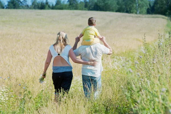 Happy family going in the field — Stock Photo, Image