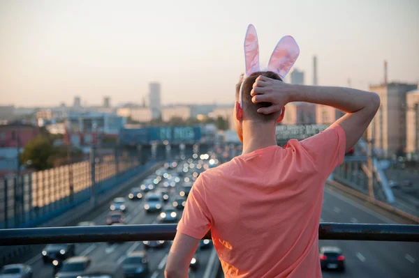 Adult guy with rabbit ears — Stock Photo, Image