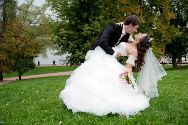 Casal recém-casado dançando em campo — Fotografia de Stock