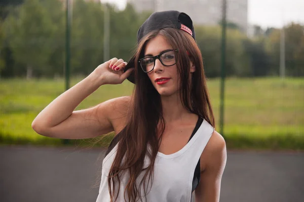 Portrait Of Beautiful Charming Woman Standing On Playground — Stock Photo, Image