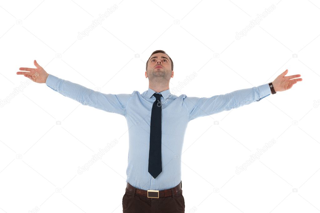 Business male with hands in air