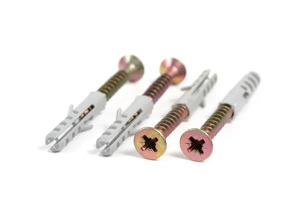 Sheet metal screws with plastic wall anchors — Stock Photo, Image