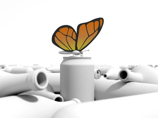 Butterfly on a can in a dump — Stock Photo, Image