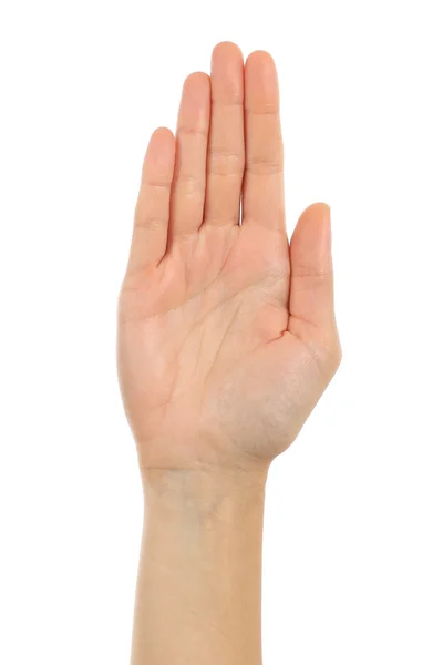 Mulher palma da mão na frente — Fotografia de Stock
