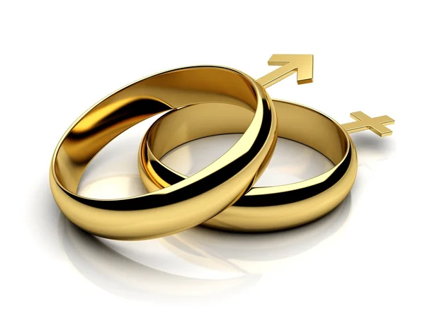 Dois anéis de casamento com símbolos femininos masculinos — Fotografia de Stock