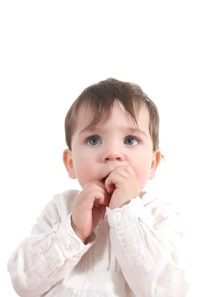 Baby scared with her hands in the mouth — Stock Photo, Image