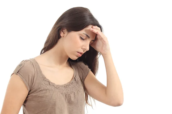 Vrouw met een hoofdpijn en haar hand in voorhoofd — Stockfoto