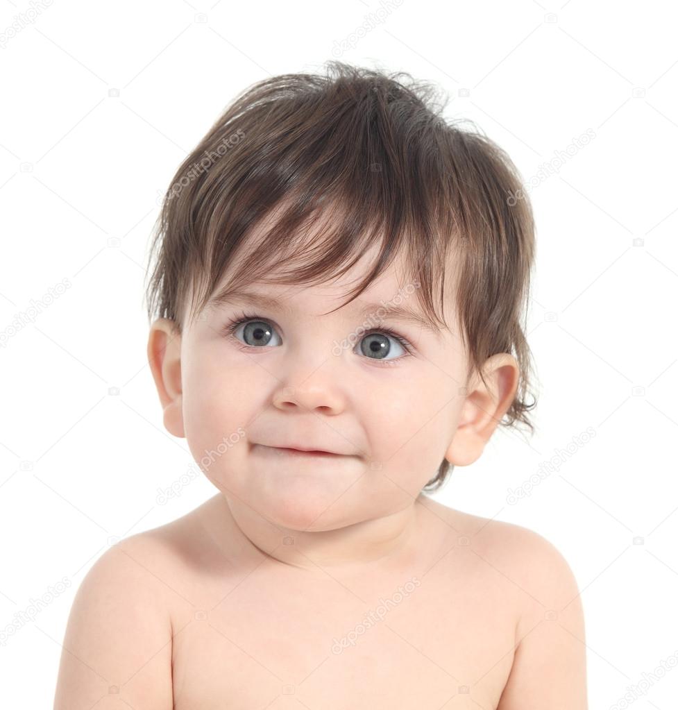 赤ちゃんの笑顔を見て 大きな灰色の目 気配りのあります ストック写真 C Antonioguillemf 0385