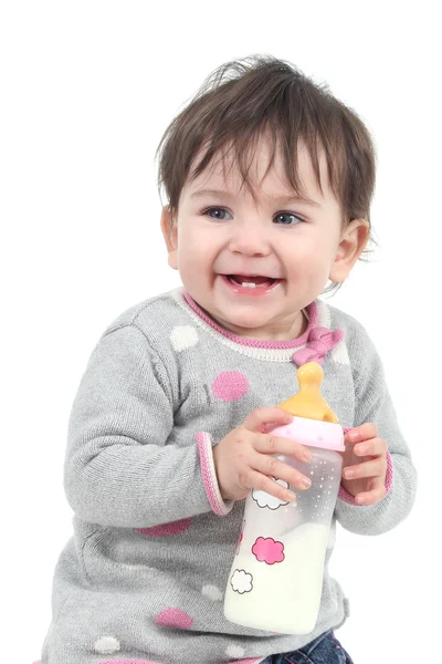 Felicidad bebé sosteniendo un biberón —  Fotos de Stock