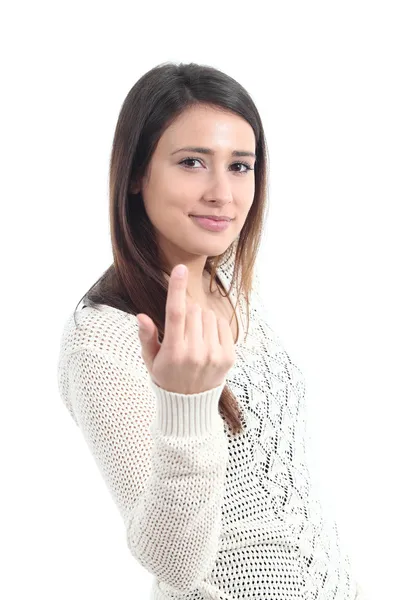 Beautiful woman making a beckoning gesture — Stock Photo, Image