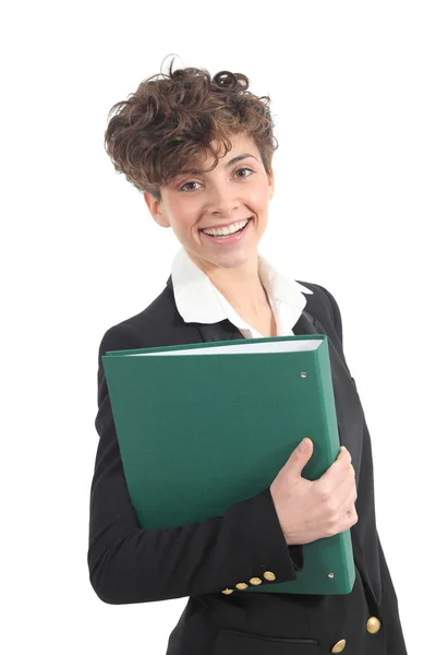 Hermosa y moderna empresaria sosteniendo una carpeta verde — Stok fotoğraf