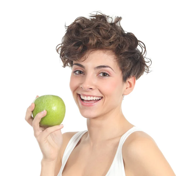 Hermosa mujer sosteniendo una manzana — Foto de Stock