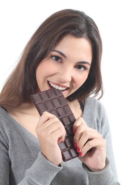 Mulher bonita comer chocolate — Fotografia de Stock