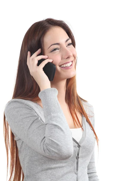 Boldog vöröshajú nő beszél a mobiltelefon — Stock Fotó