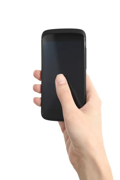 Mulher mão segurando e tocando uma tela do telefone móvel com o polegar — Fotografia de Stock