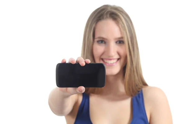 Woman showing a mobile phone screen — Stock Photo, Image