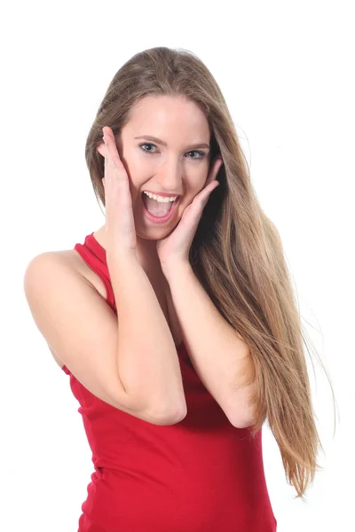 Happy expression of a woman with her hands on the face — Stock Photo, Image