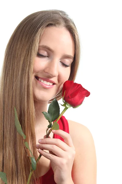 漂亮的女人和一朵红玫瑰 — 图库照片