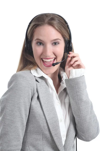 Güzel ve mutlu bir telefon operatörü kadın — Stok fotoğraf