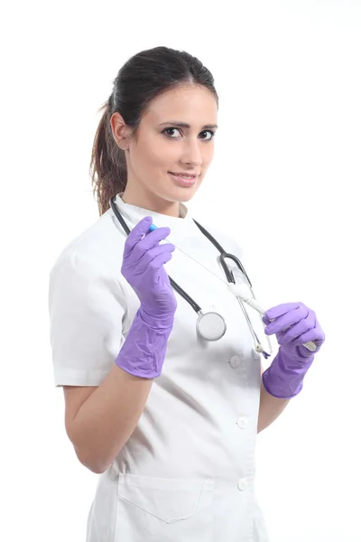 Schöne Krankenschwester mit einem DNA- Tupfer und Latexkugeln — Stockfoto