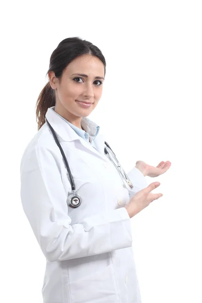 Beautiful doctor woman with a stethoscope inviting — Stock Photo, Image