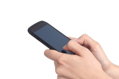 kadın holding ve onu başparmak ile bir cep telefonu ekran dokunmadan eller