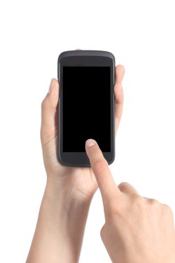 parmağına bir cep telefonu ekran dokunaklı bir kadına el yakın çekim
