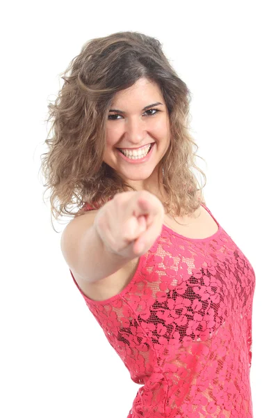 Primer plano de una bonita adolescente sonriendo y apuntando a la cámara —  Fotos de Stock