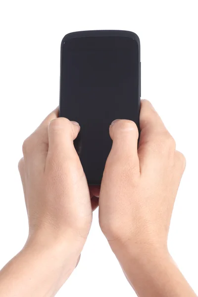 Woman hands holding and touching a mobile phone screen with her thumbs — Stock Photo, Image