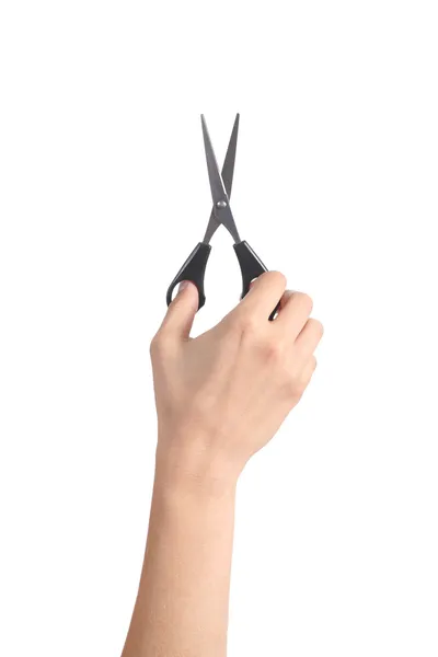 垂直视图的使用剪刀的女人手 — 图库照片