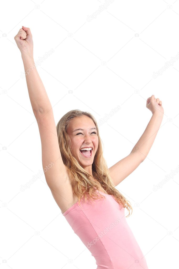 Happy beautiful teenager girl with her arms raised