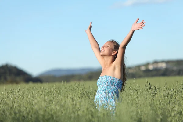 Femme aux bras levés dans une prairie verte profitant du vent — Photo