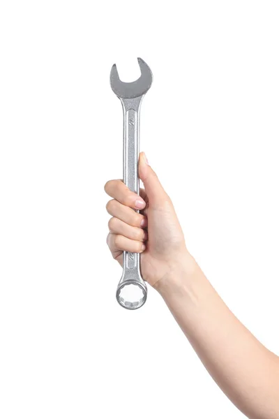 Woman hand holding a wrench — Stock Photo, Image