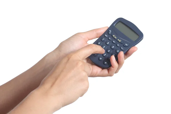 Manos de mujer usando una calculadora — Foto de Stock