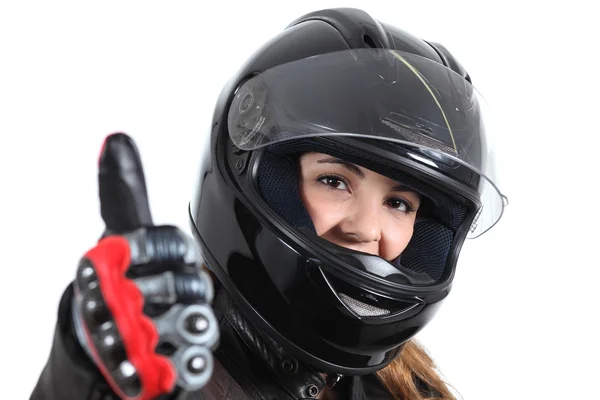 Mujer motociclista feliz con un casco de carretera y pulgar hacia arriba —  Fotos de Stock
