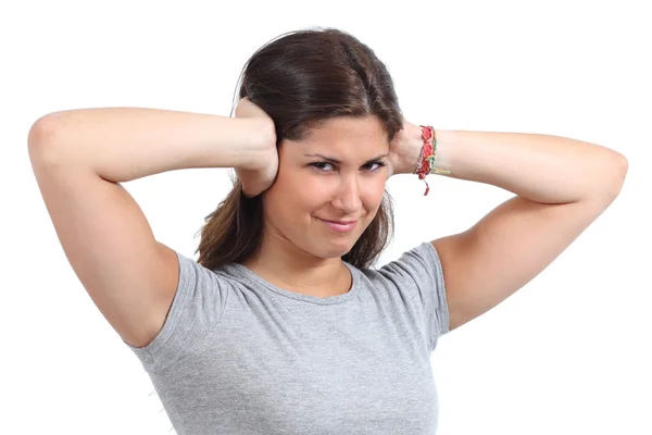Beautiful woman covering her ears with her hands — Stock Photo, Image