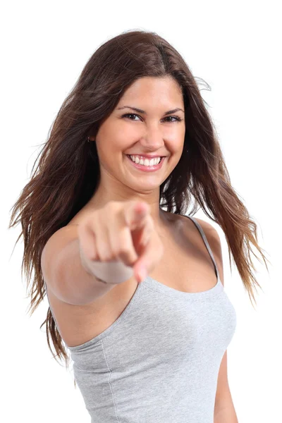 Zoete woman wijzend op camera geïsoleerd — Stockfoto