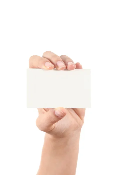 Mulher mão mostrando um cartão de visita — Fotografia de Stock