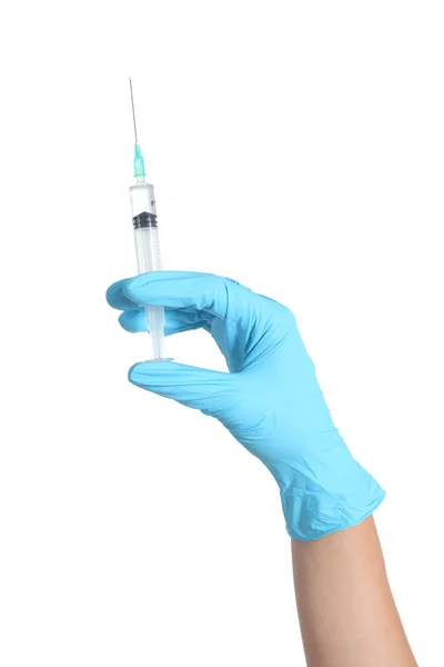 Woman hand with glove holding a syringe — Stock Photo, Image