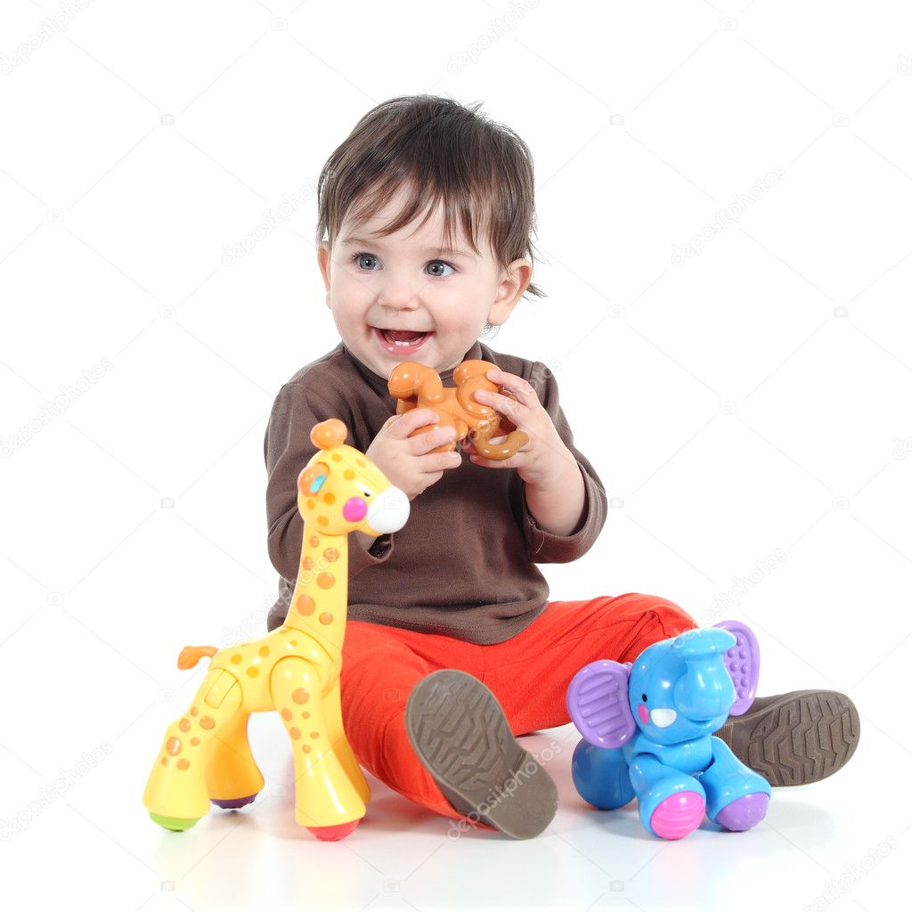 Pretty little baby girl playing with animal toys