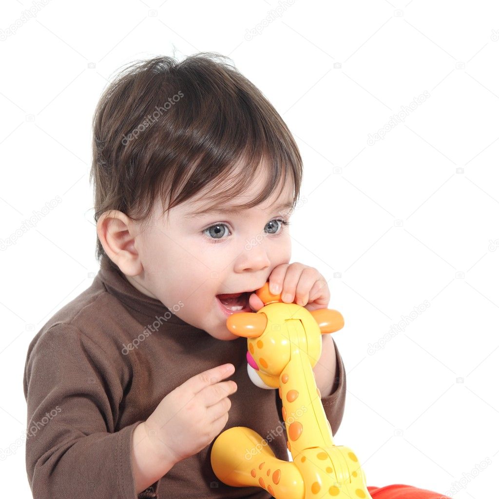 Baby girl biting an animal toy