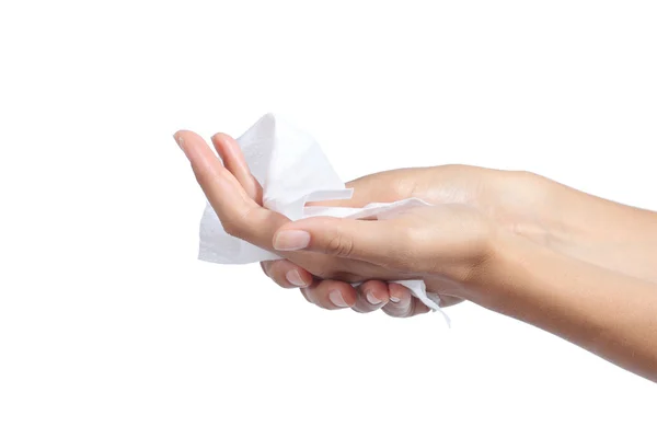 Vrouw reinigen van de haar handen met een tissue — Stockfoto