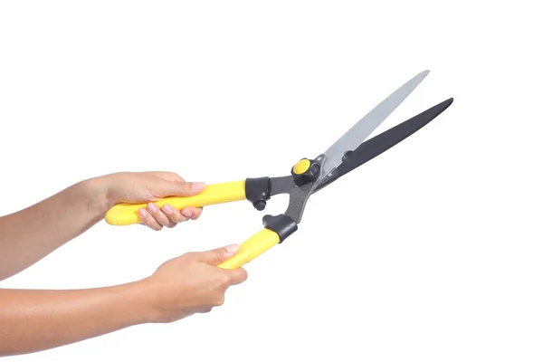 Woman hands holding a pruning shears — Stock Photo, Image