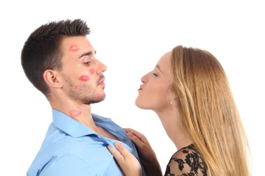 Woman trying to kiss a man desperately clipart